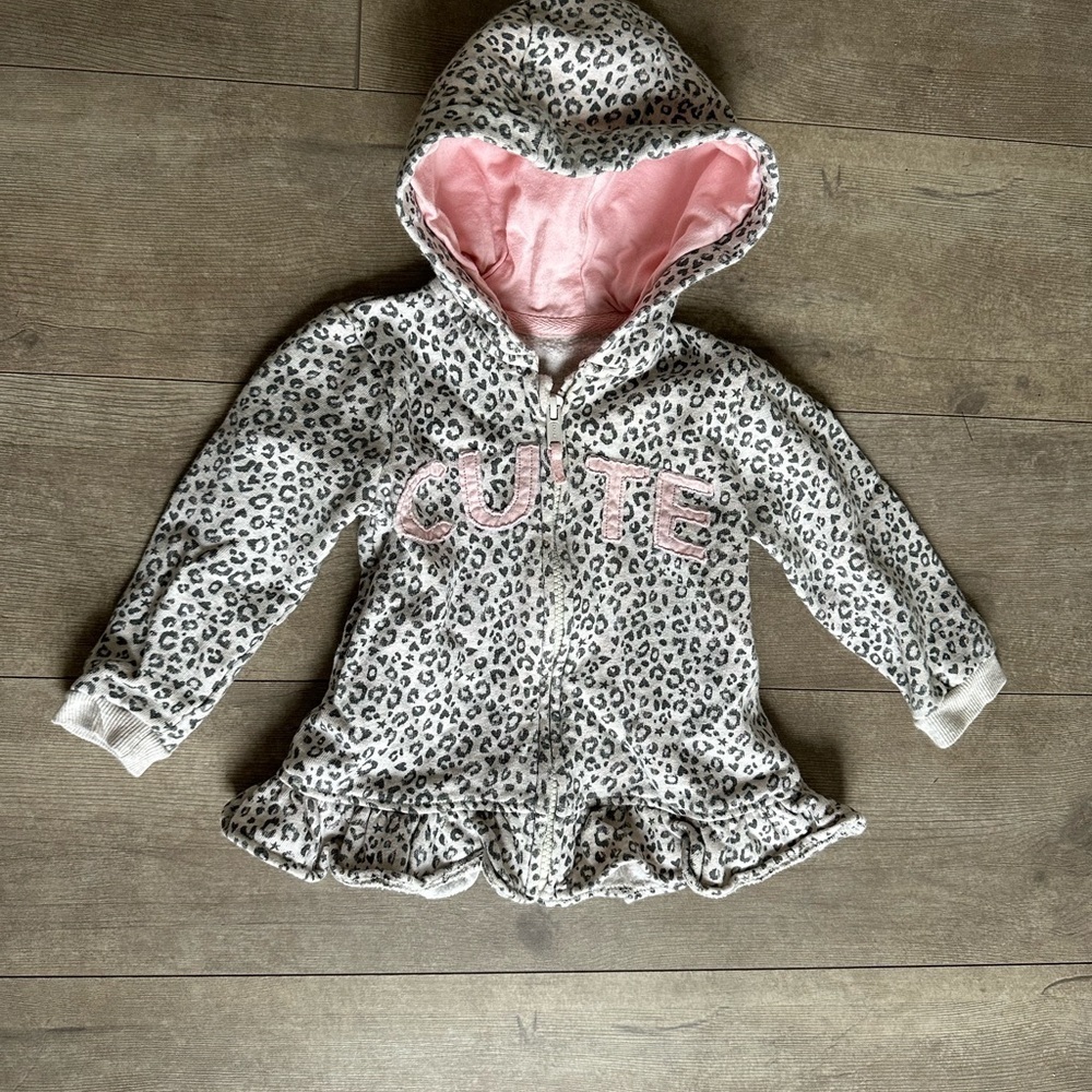 Baby Girl Cheetah “Cute” Print Hoodie Zip Jacket Sweater Cozy 9-12 Months - Picture 8 of 8